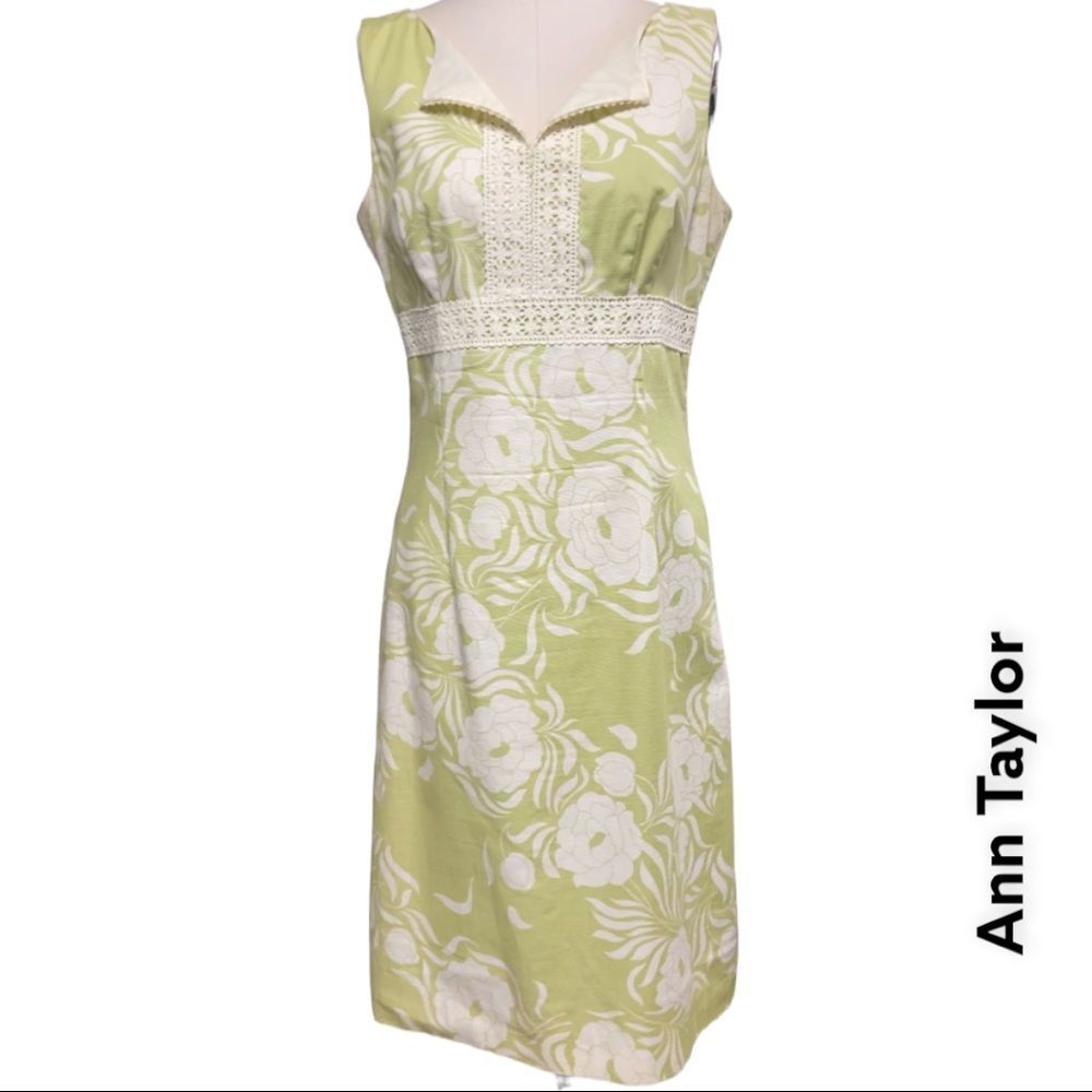 🎆 ANN TAYLOR sleeveless lace trim green and cream floral midi sheath + s…